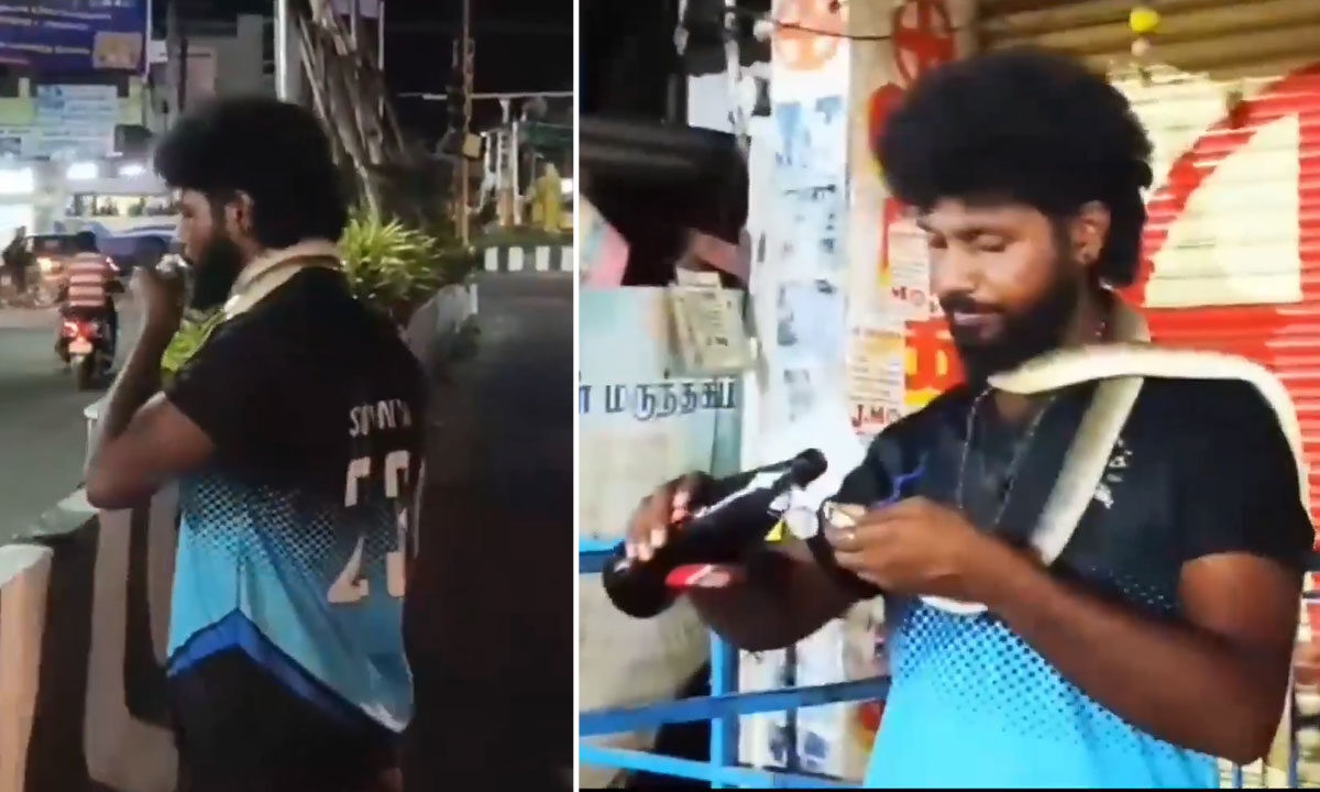 Drunk Man Puts 6-Foot Snake Around Neck, Feeds It Beer, Kisses It, and Blocks Traffic: Watch Video 1 Drunk Man Puts 6-Foot Snake Around Neck, Feeds It Beer, Kisses It, and Blocks Traffic: Watch Video