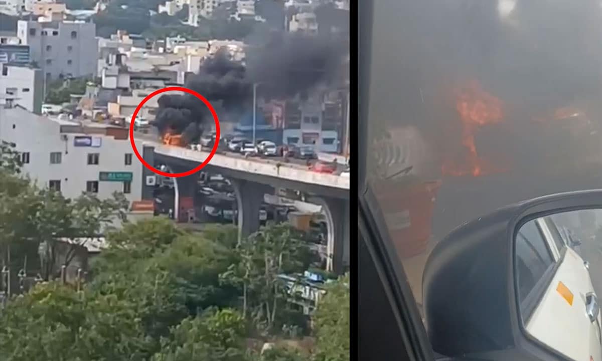 Hyderabad: Car Catches Fire on PVNR Expressway Near Gudimalkapur; No Casualties Reported