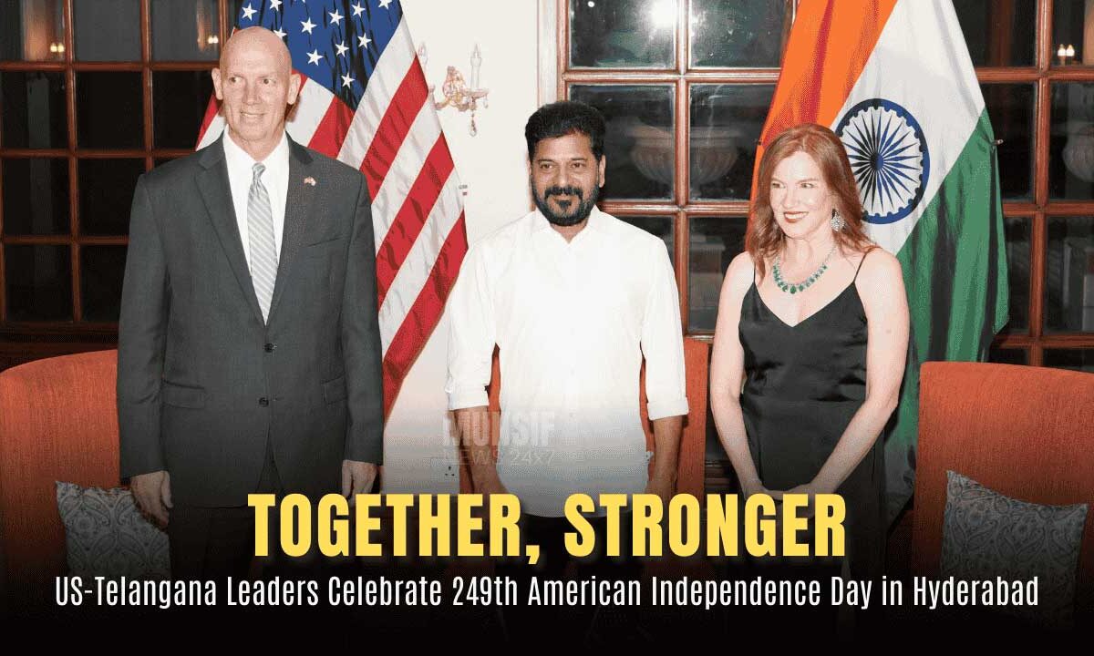 US-Telangana Leaders Celebrate 249th American Independence Day in Hyderabad - "Together, Stronger" 1 U.S. Consul General Jennifer Larson, Chargé d’Affaires Jorgan Andrews, and Telangana Chief Minister Revanth Reddy at the 249th U.S. Independence Day celebration in Hyderabad under the theme "Together, Stronger."