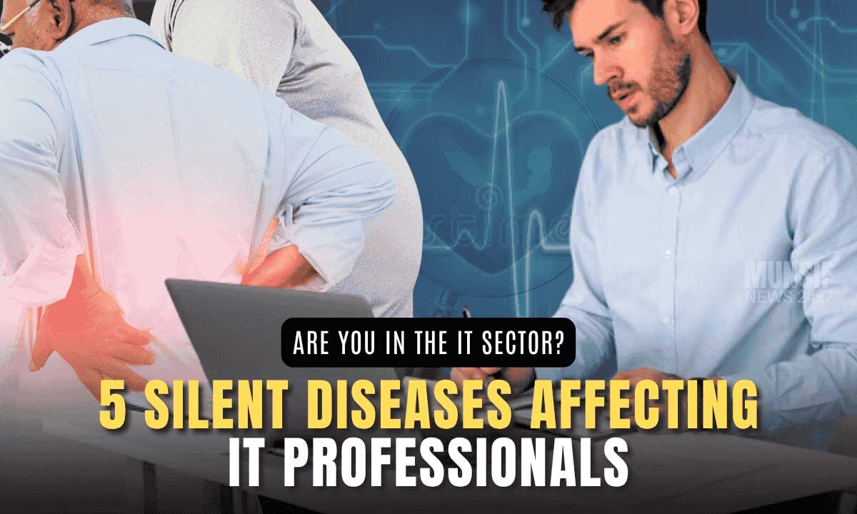 Health ALERT for IT Professionals: Working in IT Sector? 5 Silent Diseases of Desk Job 1 IT professionals working long hours at computer desks, highlighting the sedentary risks and ergonomic challenges of the modern tech industry.