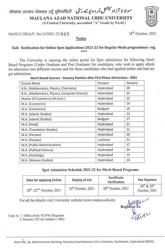 ONLINE ADMISSIONS MANUU Online Spot Admissions for Regular Courses at MANUU