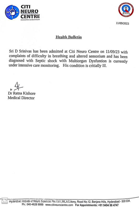 D SRINIVAS MEDICAL BULLETIN D Srinivas hospitalised with respiratory problems, critical