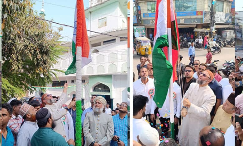 Owaisi Hoists National Flag at Madrasa and Madina Circle in Hyderabad