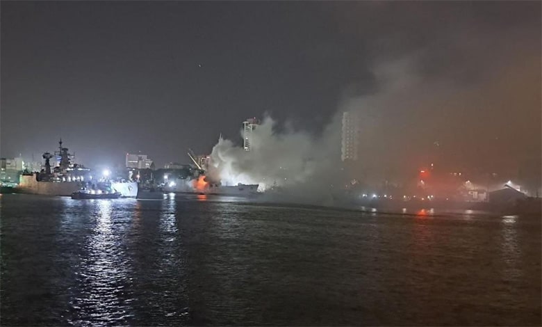 INS 1 INS Brahmaputra fully tilts onto one side after onboard fire at Mumbai docks