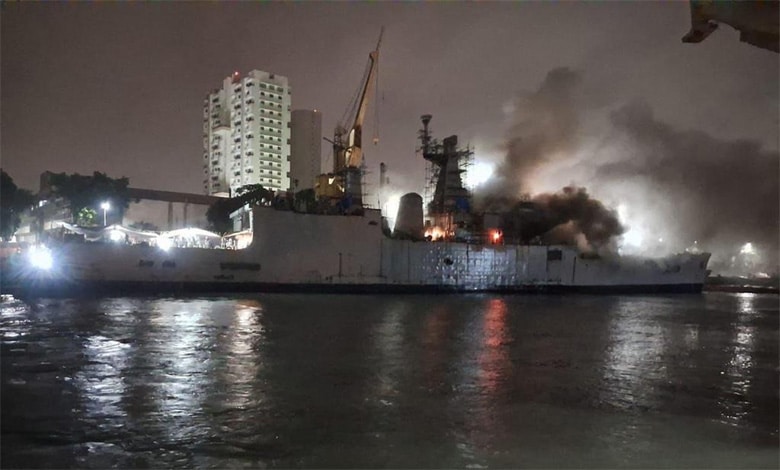 INS 2 INS Brahmaputra fully tilts onto one side after onboard fire at Mumbai docks