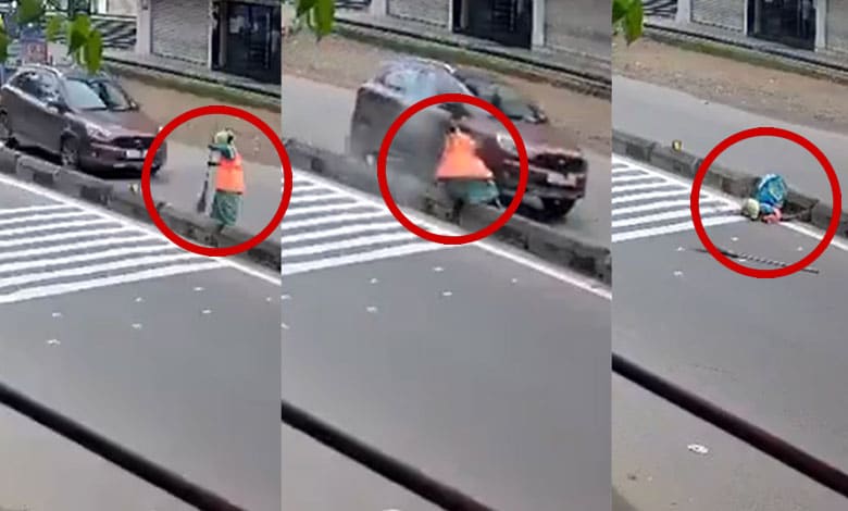 Disturbing Video Reveals Reckless Driving in Hanumakonda: Car Hits Roadside Worker, Seriously Injuring Her