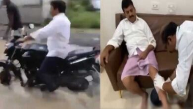 Minister Ponguleti Srinivas Reddy Falls While Riding Bike in Flooded Areas