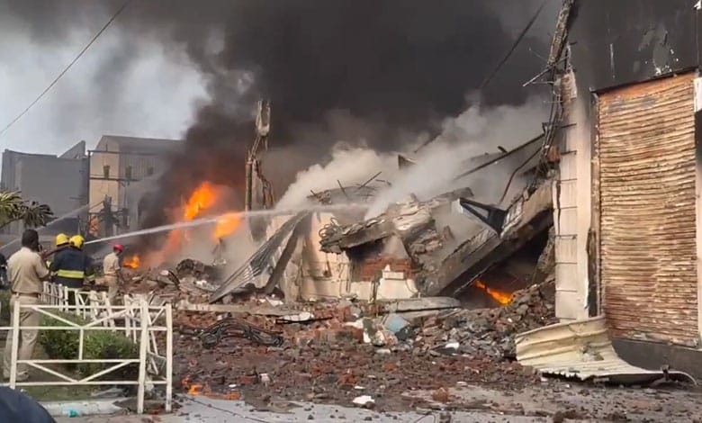 Three-story building collapses as fire rages in Hyderabad plastic factory