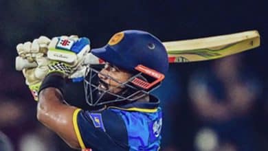 Sri Lanka’s bowlers celebrate a wicket during the first T20I against New Zealand at Dambulla’s Rangiri Dambulla International Stadium.