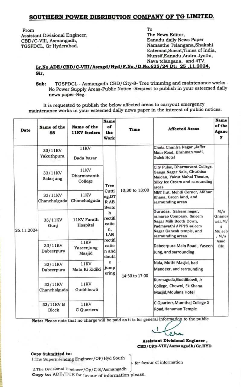 power No Power Supply in Hyderabad on 26 November 2024: TGSPDCL Tree Trimming and Maintenance Work at Old City Areas