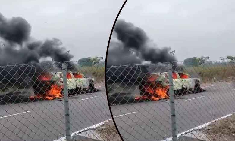 Car Catches Fire Near Madnur, Kamareddy District; Passengers Escape Unharmed