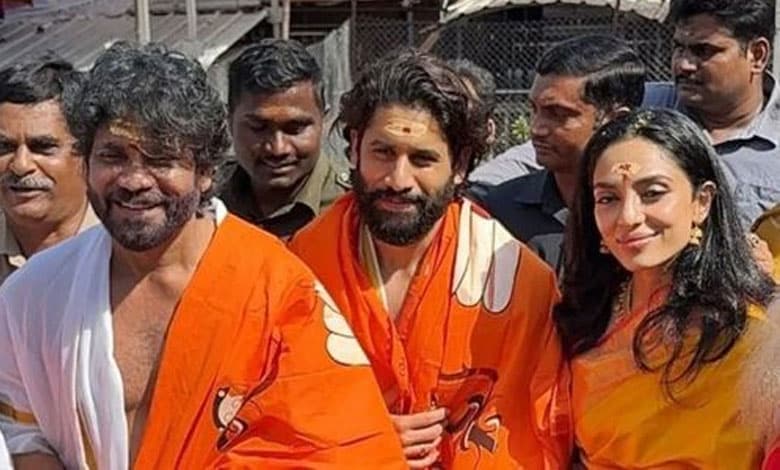 Naga Chaitanya, Sobhita Dhulipala visit temple in Andhra Pradesh with Nagarjuna