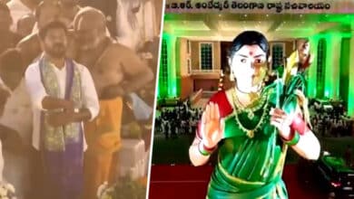 CM Revanth unveils Telangana Thalli statue at Secretariat