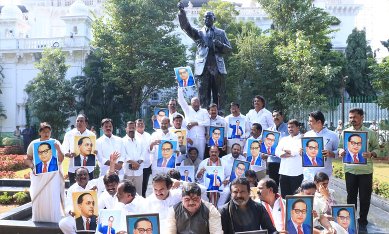 Congress legislators stage sit-in at Ambedkar statue in Telangana Assembly