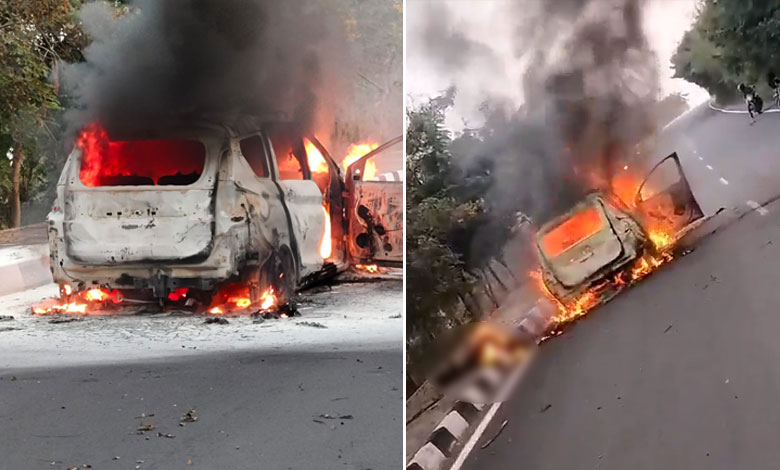 CAR CATCHES FIRE AT ORR 1 Hyderabad: 2 Killed in Tragic CNG Car Fire on Outer Ring Road