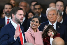 Usha Vance holds the Bible as J.D. Vance takes the oath of office as Vice President of the United States.