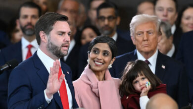 Usha Vance holds the Bible as J.D. Vance takes the oath of office as Vice President of the United States.