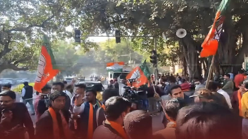 BJP supporters celebrate early leads in the 2025 Delhi Assembly Elections, signaling a potential end to AAP's decade-long rule.