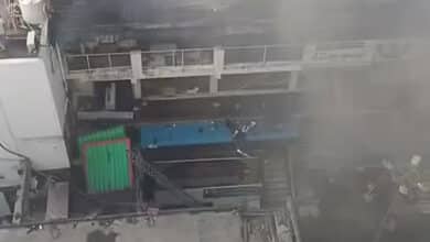 Firefighters douse flames at Devan Devdi market in Hyderabad’s Pathergatti area following a major blaze. Over 10 fire engines were deployed to control the incident.