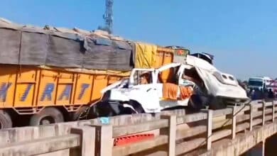 Rescue operations at the accident site on NH-30 near Sihora, Jabalpur, where a mini-bus collided with a truck on February 11, 2025.