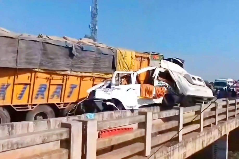 Rescue operations at the accident site on NH-30 near Sihora, Jabalpur, where a mini-bus collided with a truck on February 11, 2025.