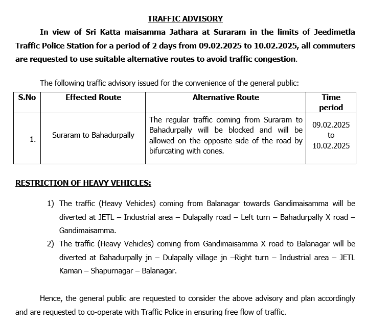 image 8 Hyderabad: Cyberabad Police Issues Traffic Advisory – Avoid These Key Routes for 2 Days!