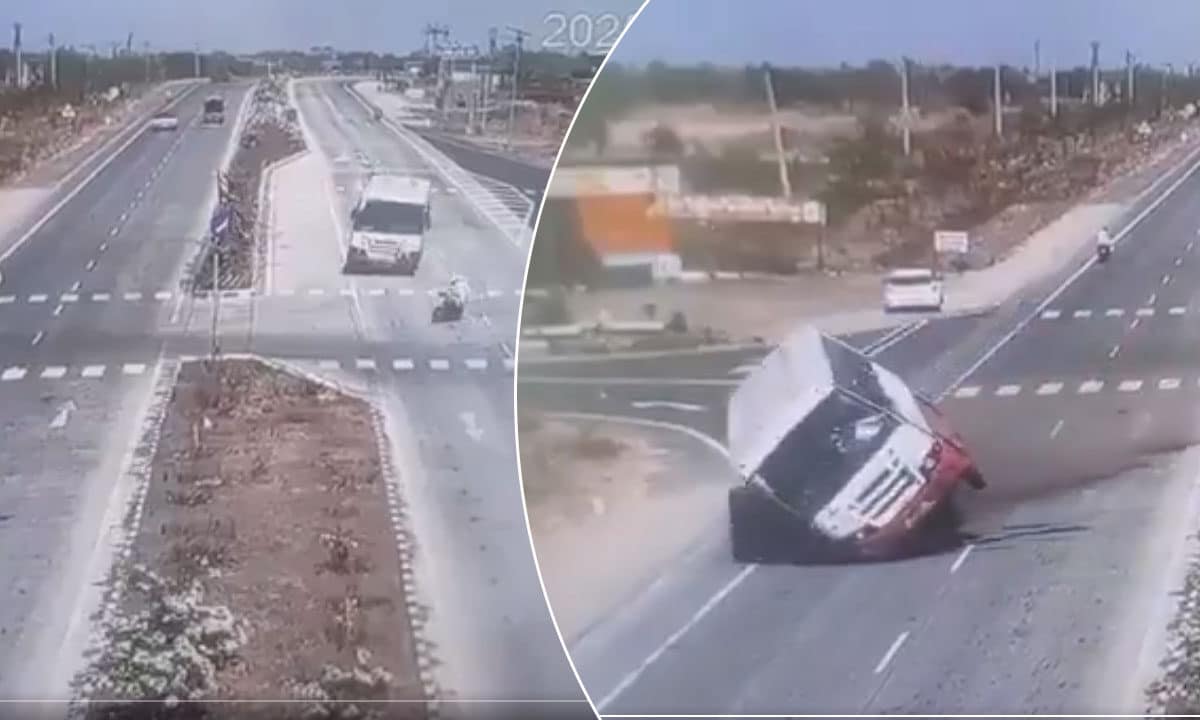 37 Lives at Risk! Bus Overturns on Highway While Avoiding Bike Collision