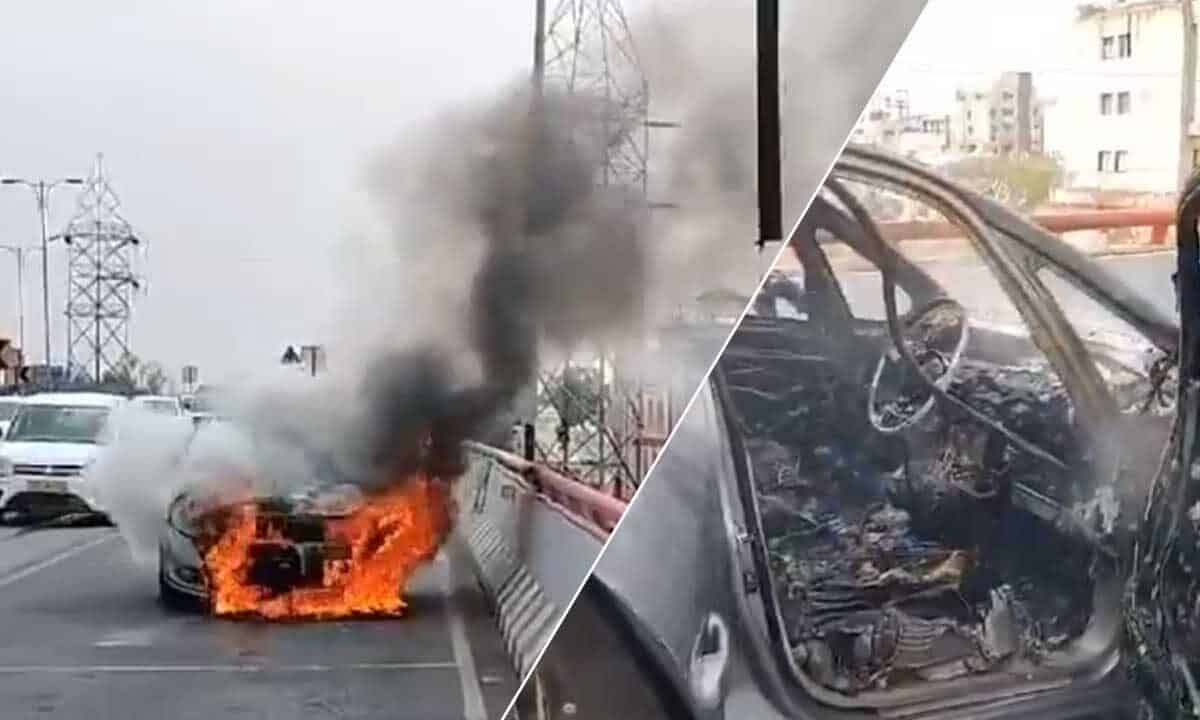 Hyderabad: Moving Car Catches Fire on PVNR Expressway (Video)