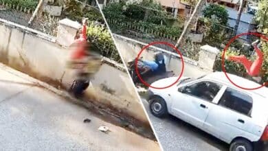 Speeding Car Hits Bike and Pedestrian; Woman Left Hanging on Iron Grille (Shocking Video)