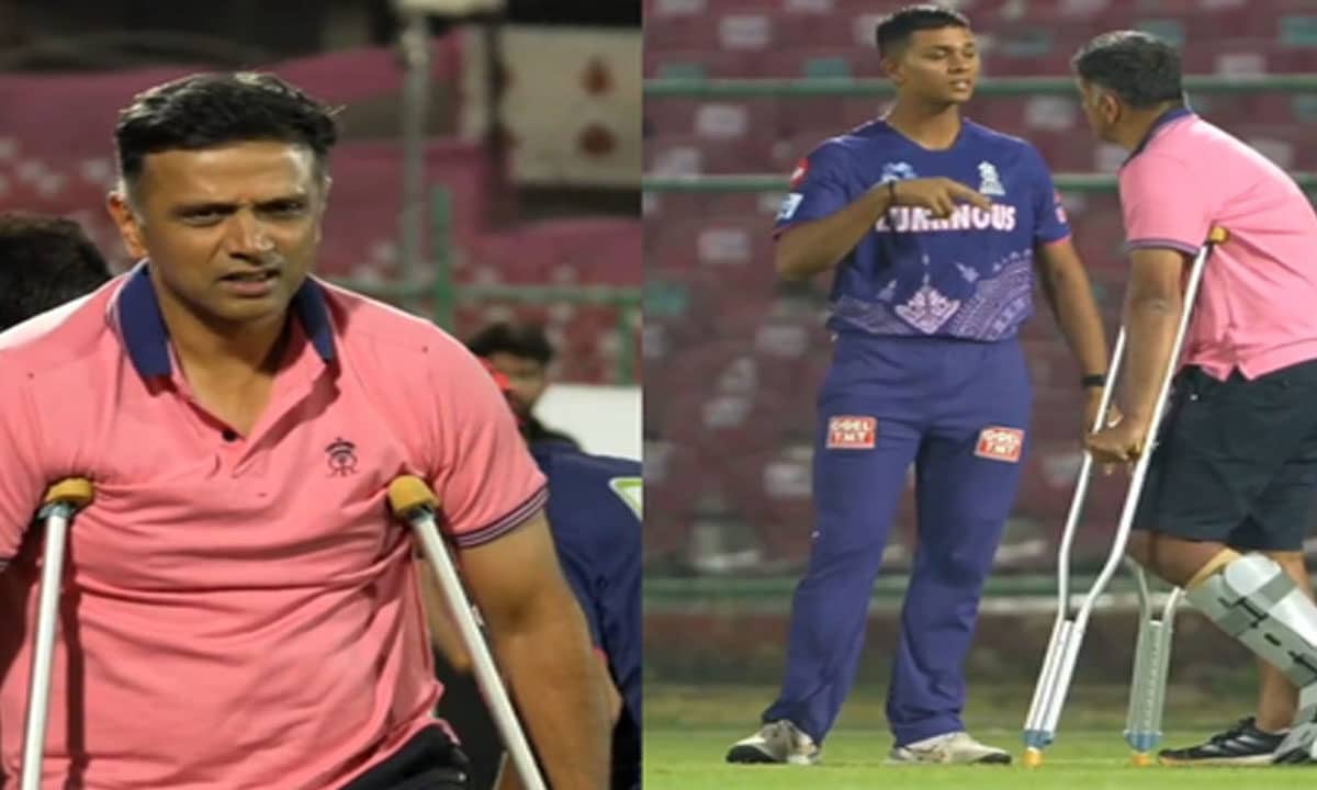 IPL 2025: Injured Coach Dravid Arrives at Rajasthan Royals Training Camp on Crutches