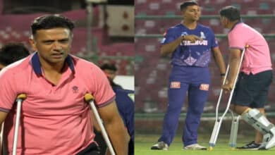 IPL 2025: Injured Coach Dravid Arrives at Rajasthan Royals Training Camp on Crutches