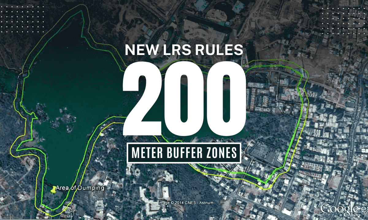 Aerial view of Hyderabad’s urban water bodies surrounded by residential areas affected by new buffer zone regulations.