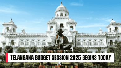 Governor Jishnu Dev Varma addresses the Telangana Legislature during the 2025 Budget Session at the historic Assembly building in Hyderabad.