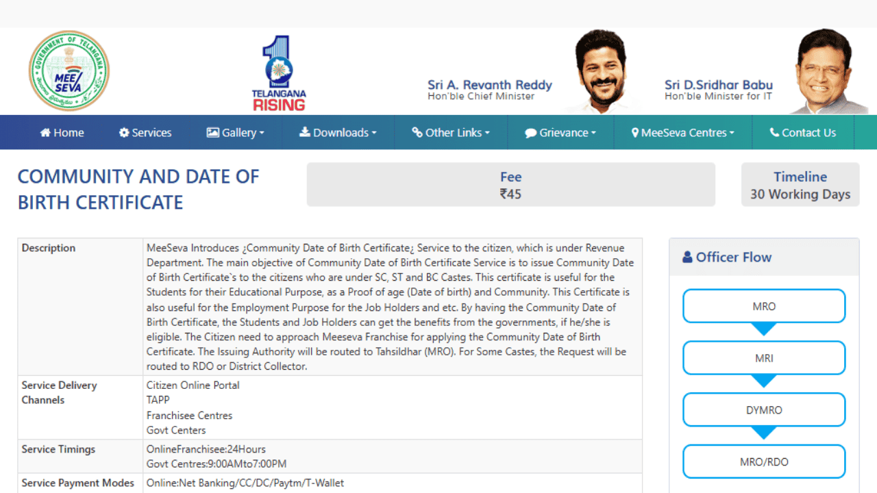 Residents of Telangana can now apply for a Community & Date of Birth Certificate through Meeseva centers.