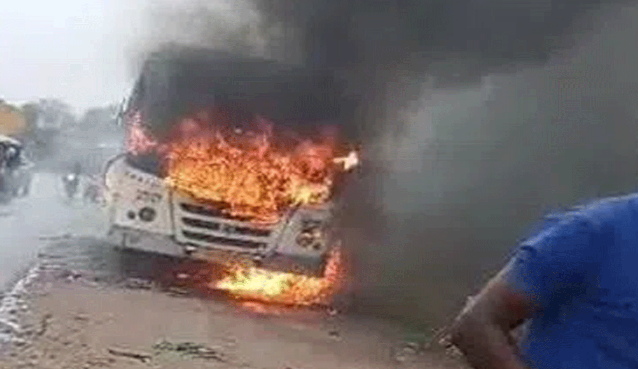 Bus Catches Fire in Medchal | Massive Blaze Destroys Private Bus, Major Mishap Averted