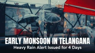Heavy rains lash Telangana as the Southwest Monsoon arrives two weeks early, triggering flood alerts in 20+ districts. (Representative Image)
