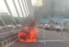 Hyderabad: Car Catches Fire on Durgam Cheruvu Cable Bridge; Two Escape Unhurt