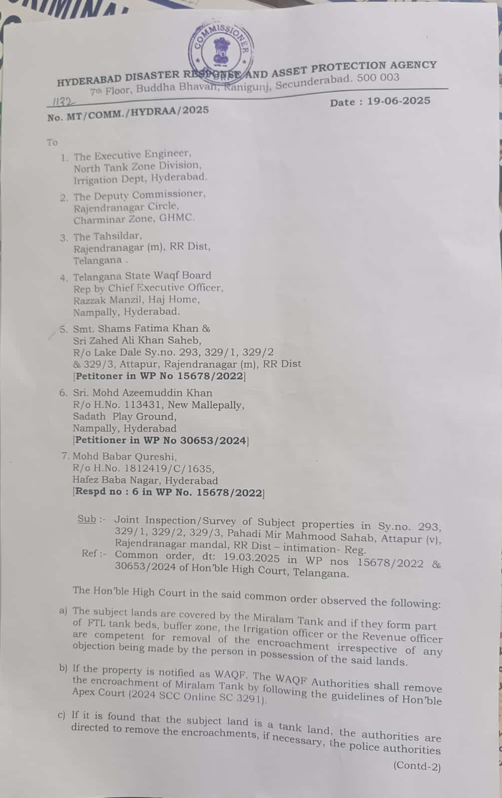 WhatsApp Image 2025 06 21 at 3.06.44 PM Hyderabad High Court Orders Crackdown on Illegal Encroachments Around Mir Alam Tank’s FTL