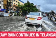 Flooded streets in Karimnagar town after heavy rains swept across Telangana, disrupting daily life.