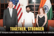 U.S. Consul General Jennifer Larson, Chargé d’Affaires Jorgan Andrews, and Telangana Chief Minister Revanth Reddy at the 249th U.S. Independence Day celebration in Hyderabad under the theme "Together, Stronger."