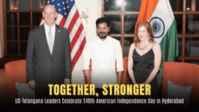 U.S. Consul General Jennifer Larson, Chargé d’Affaires Jorgan Andrews, and Telangana Chief Minister Revanth Reddy at the 249th U.S. Independence Day celebration in Hyderabad under the theme "Together, Stronger."