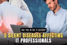 IT professionals working long hours at computer desks, highlighting the sedentary risks and ergonomic challenges of the modern tech industry.