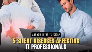 IT professionals working long hours at computer desks, highlighting the sedentary risks and ergonomic challenges of the modern tech industry.