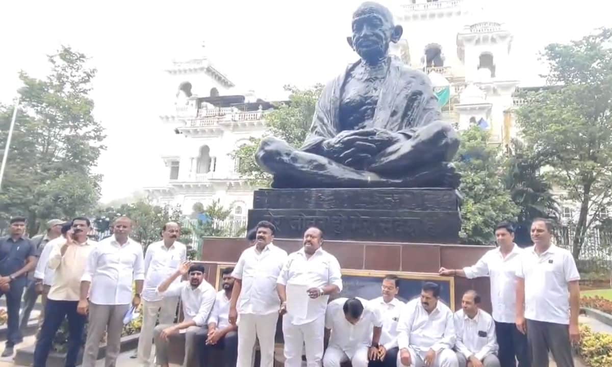BRS MLAs Stage Symbolic Protest Over Absence of Assembly Speaker, Submit Petition Before Gandhi Statue